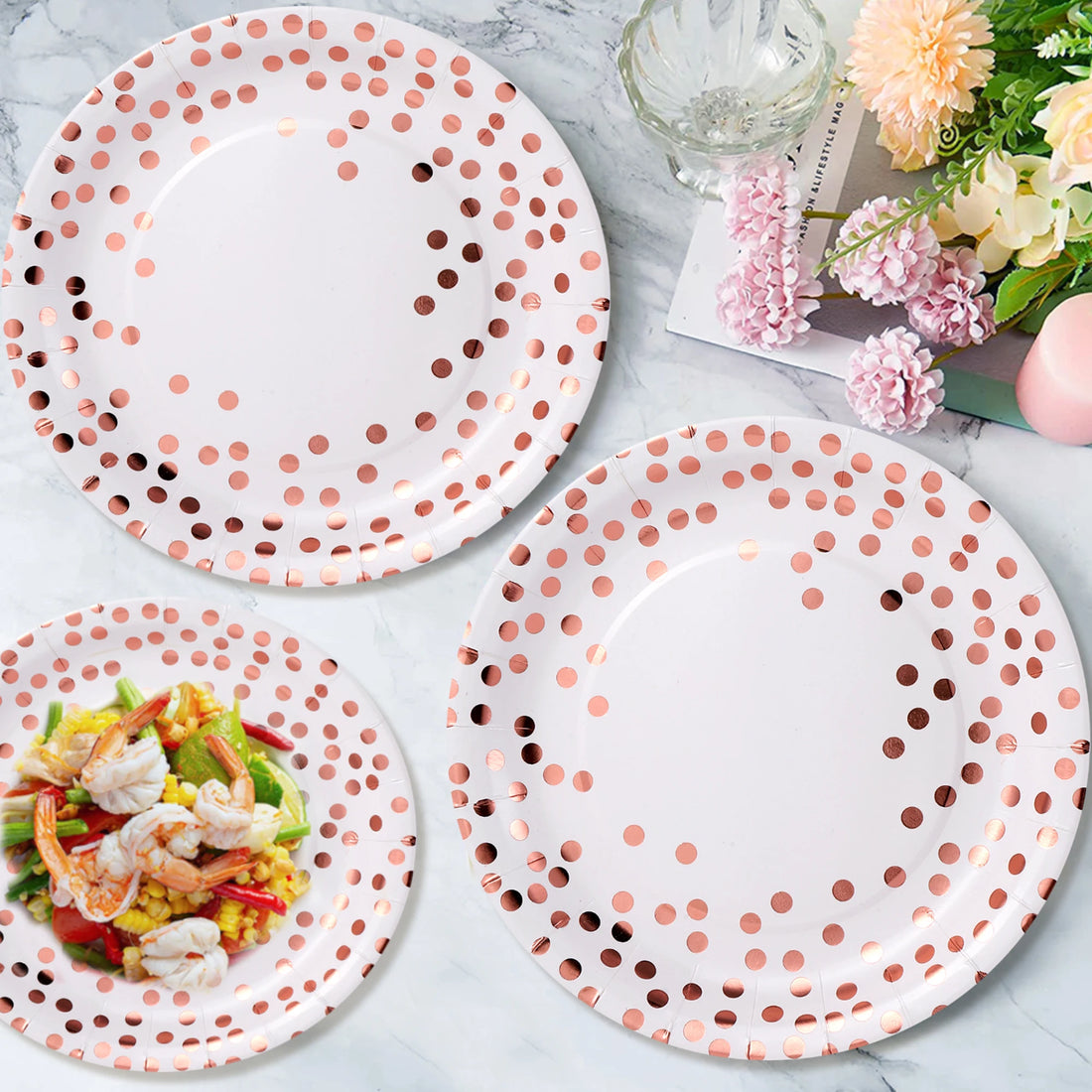 Assiette Jetable Blanc et Rose Gold Papier 