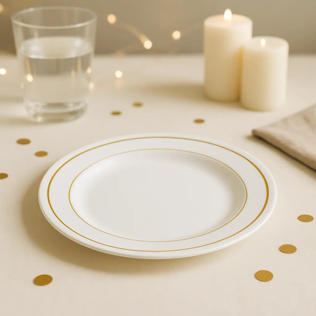Assiette Jetable Blanche et Dorée Chic
