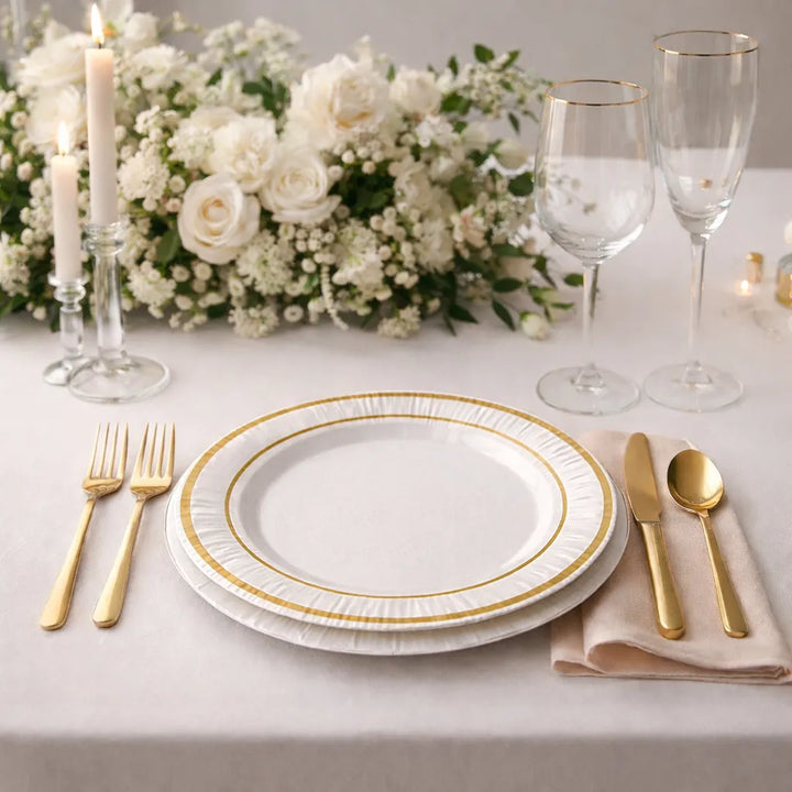 Assiette Jetable Mariage Blanc et Doré