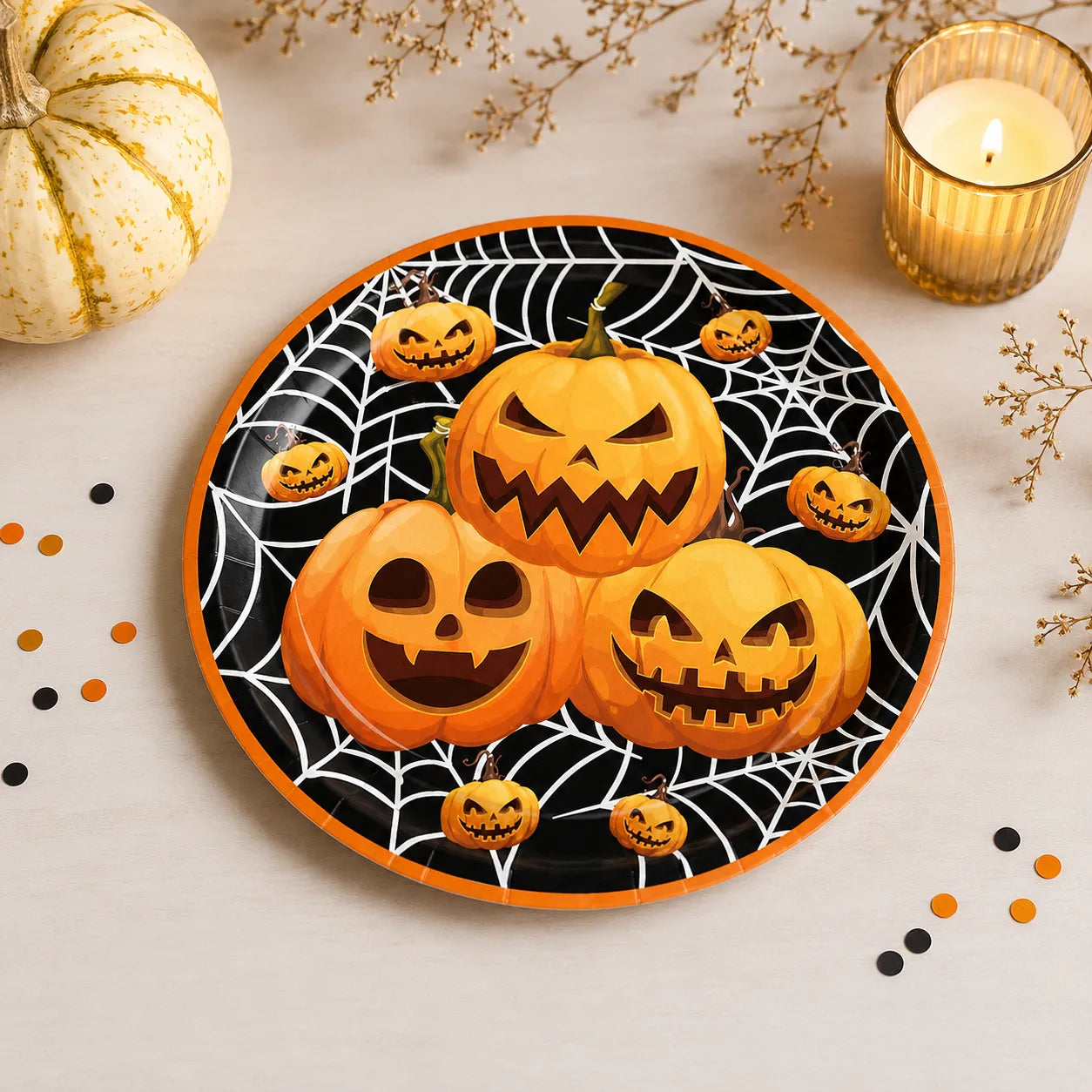 Assiette Noire Jetable Imprimé Citrouilles Pratique