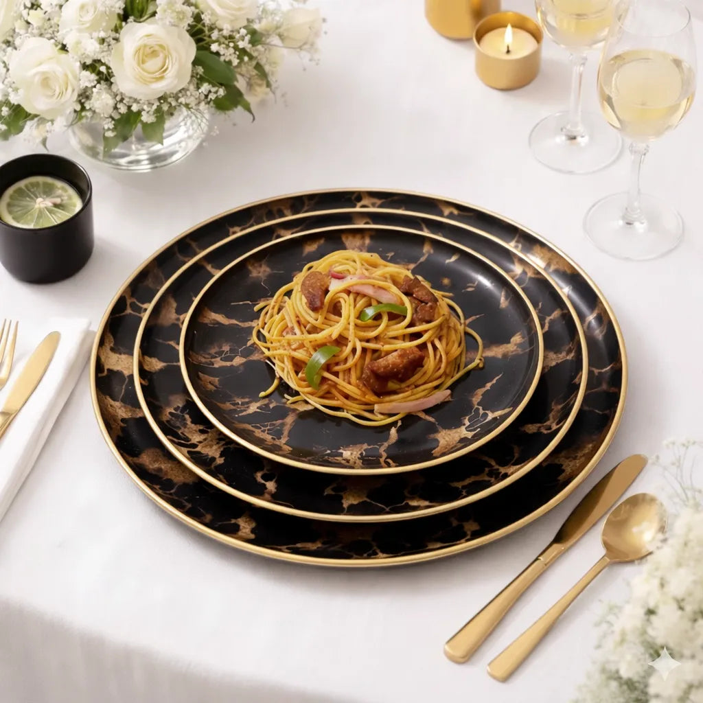Assiette Noire Marbrée Doré