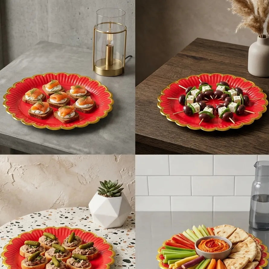 Assiette Rouge en Papier Dentelle Dorée Festive