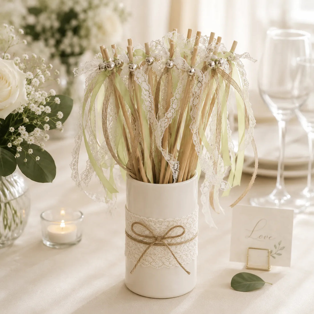 Baguette à Rubans Mariage Vert Tendre 