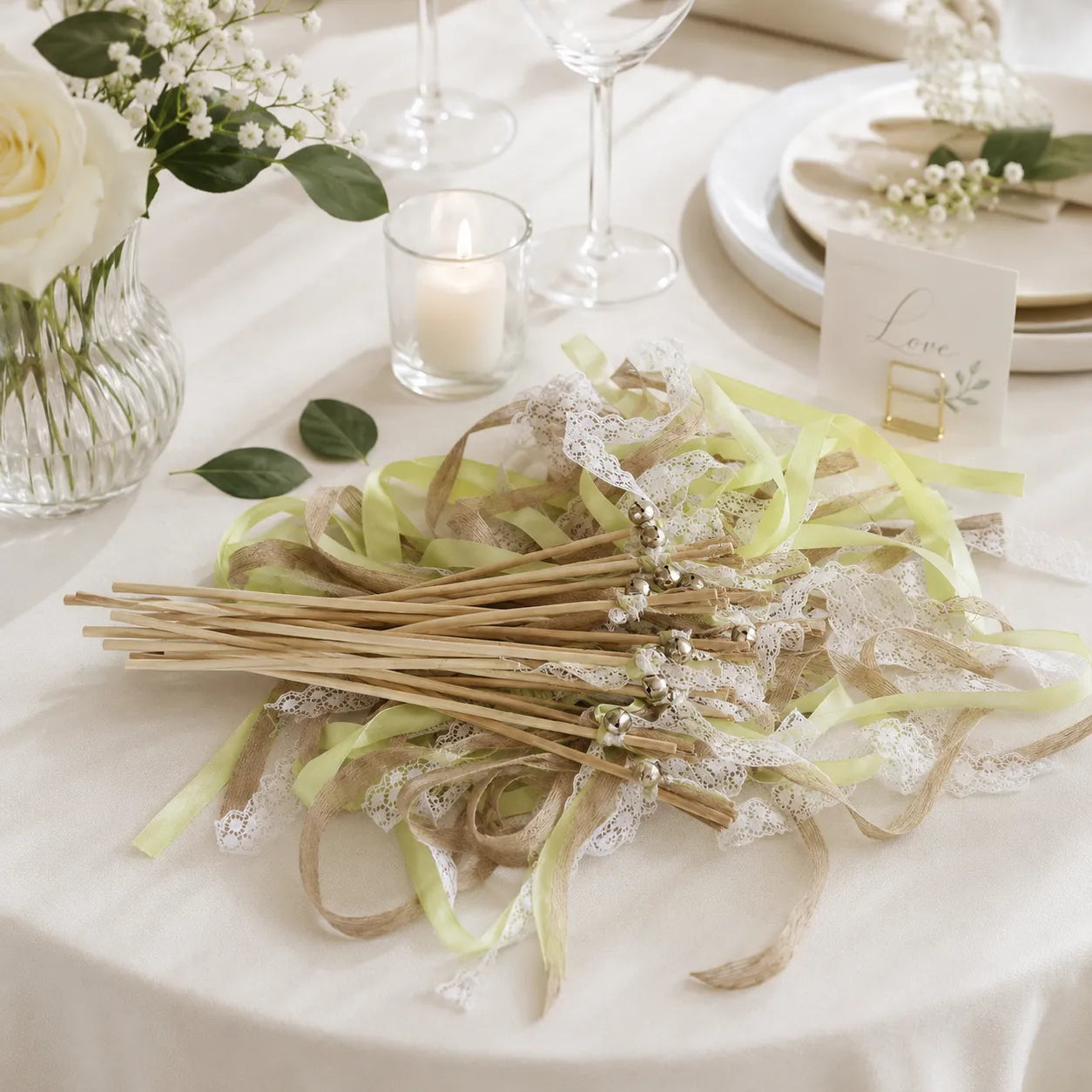 Baguette à Rubans Mariage Vert Tendre Design