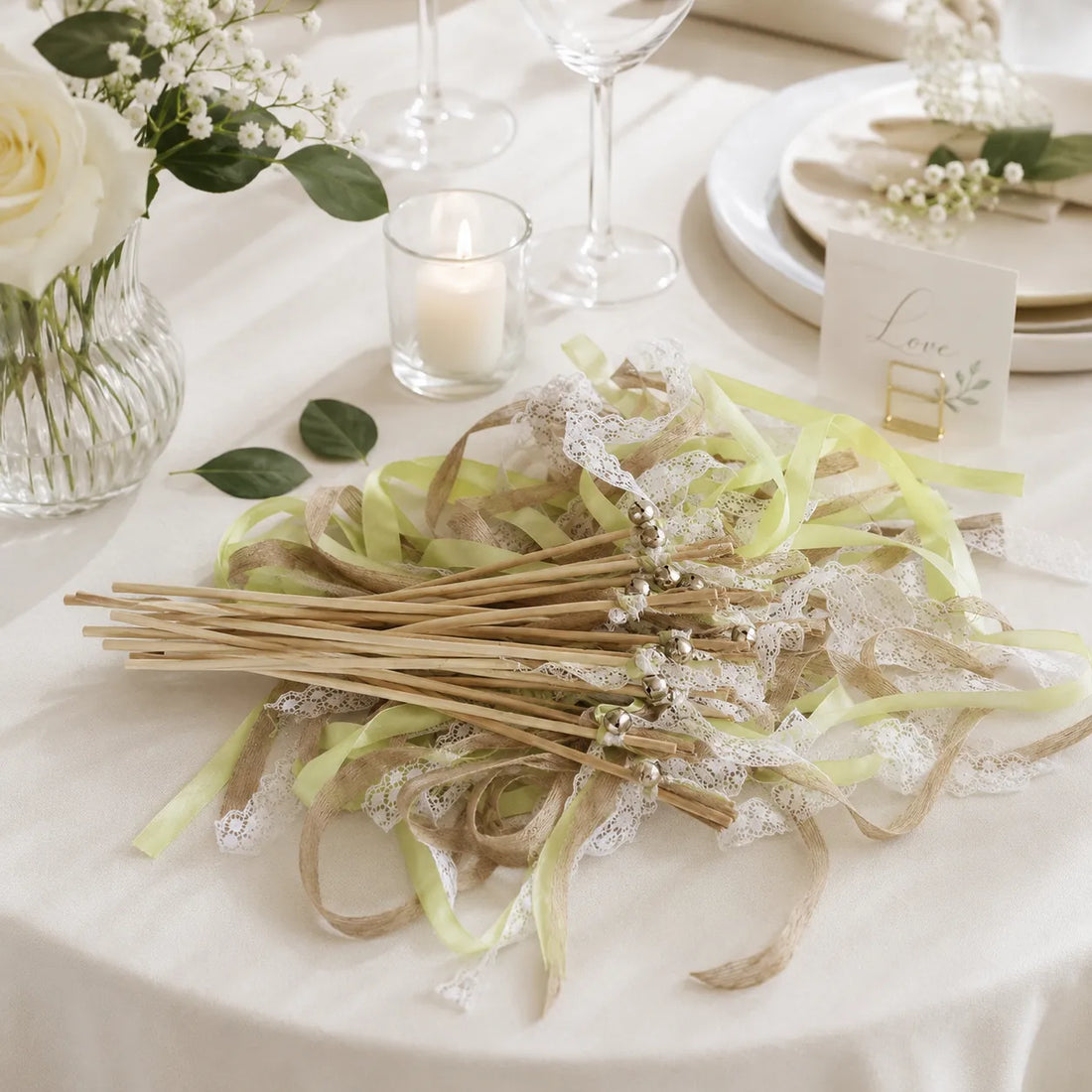 Baguette à Rubans Mariage Vert Tendre Design