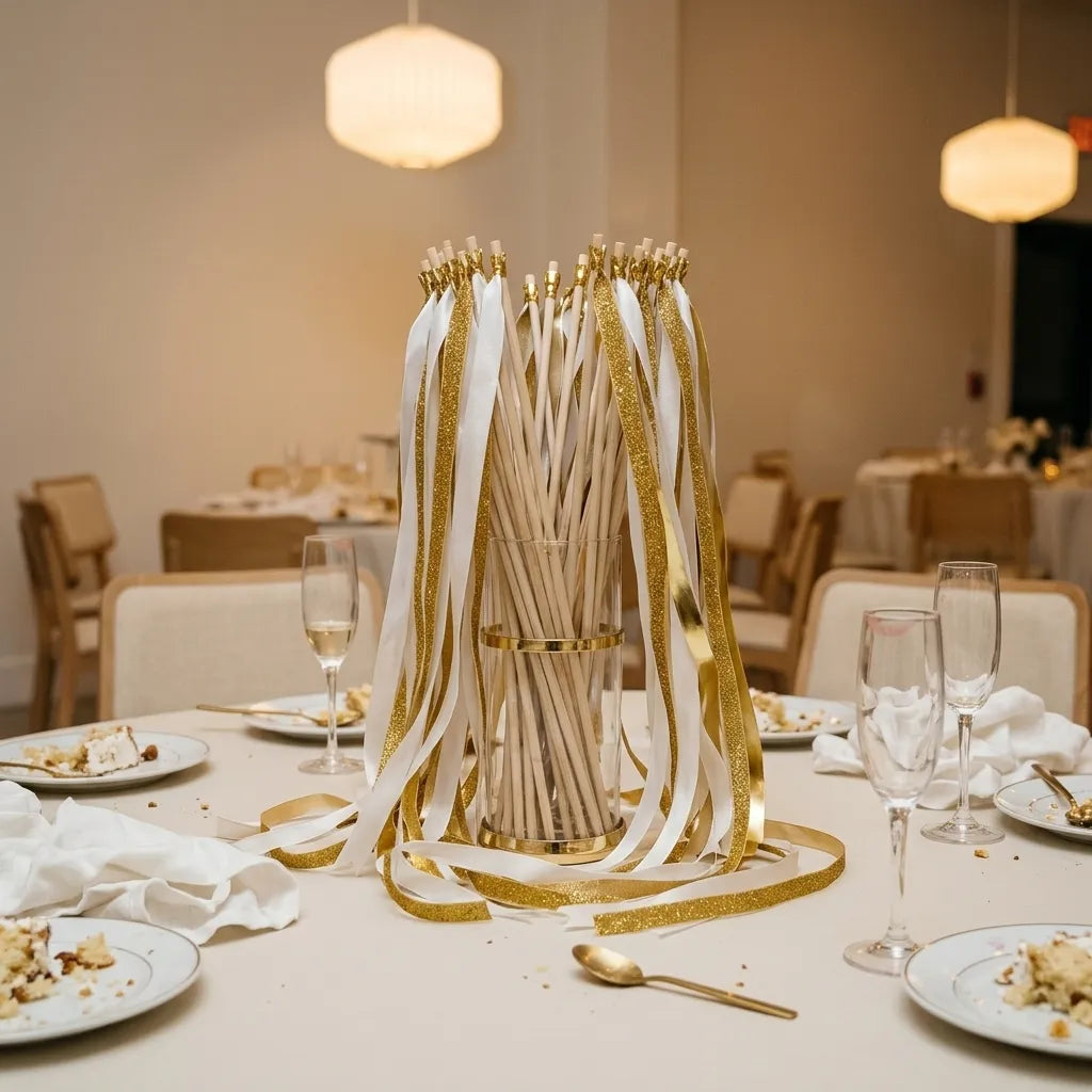 Baguette de Rubans Mariage Blanc et Or Chic