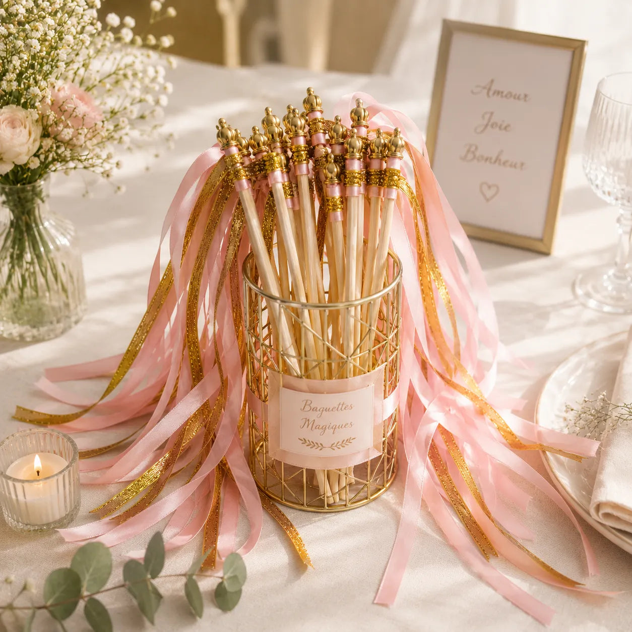 Baguette de Rubans Mariage Rose Doré 