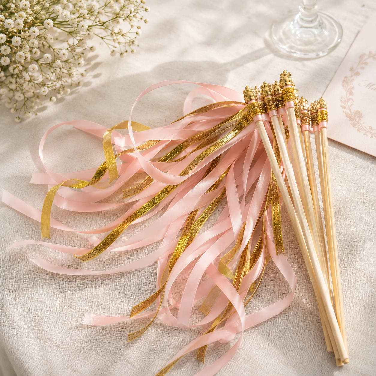 Baguette de Rubans Mariage Rose Doré Brillant