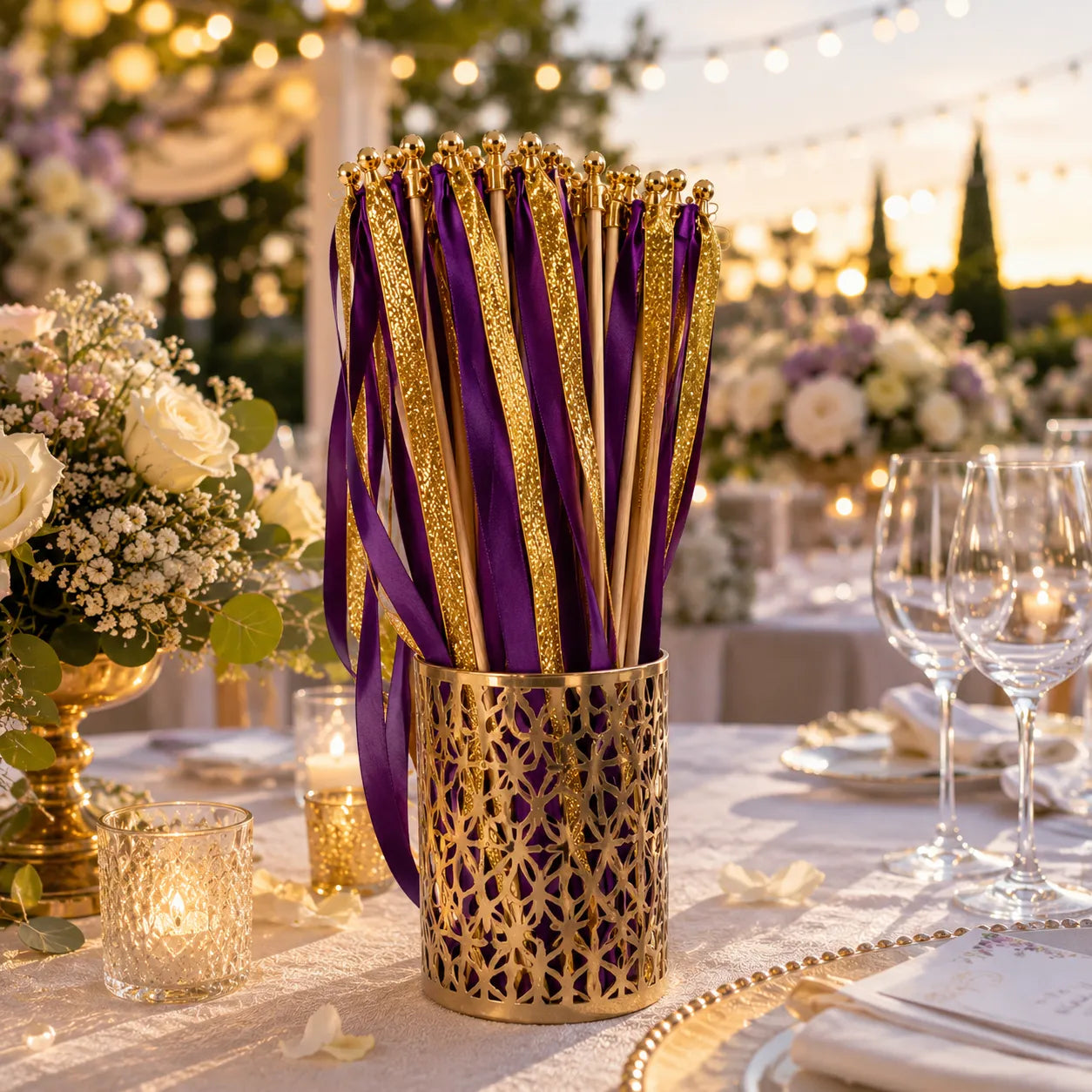 Baguette de Rubans Mariage Violet et Or