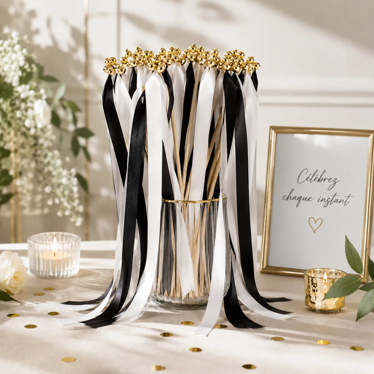Baguette de Rubans Noir et Blanc Festive