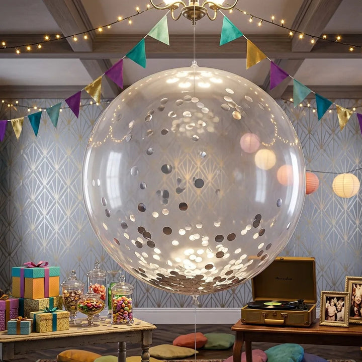 Ballon XXL Transparent à Confettis Argentés