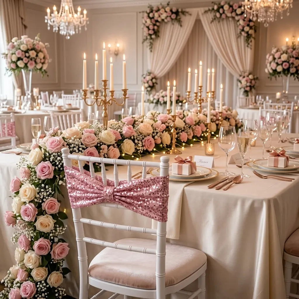 Bandeau de Chaise Mariage Rose à Sequins Unique