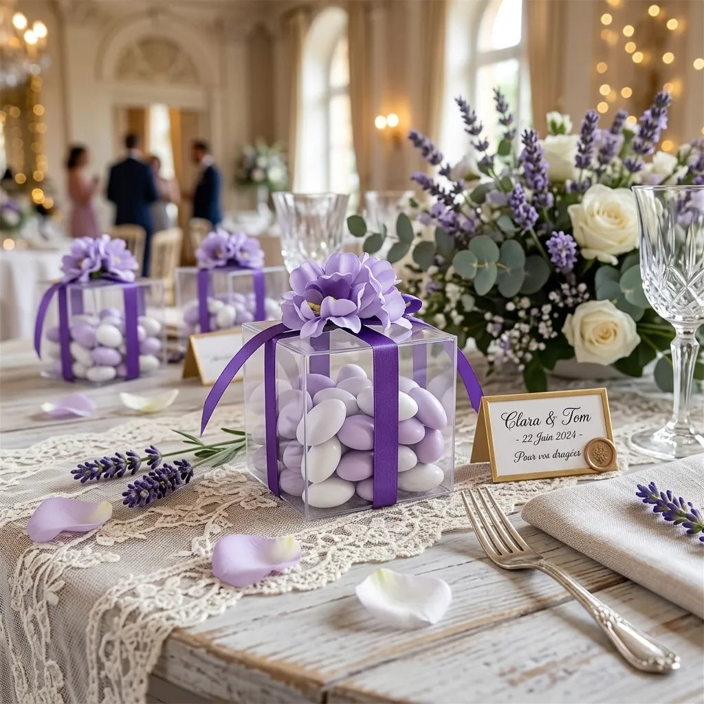 Boîte à Dragées à Fleurs Violettes Unique