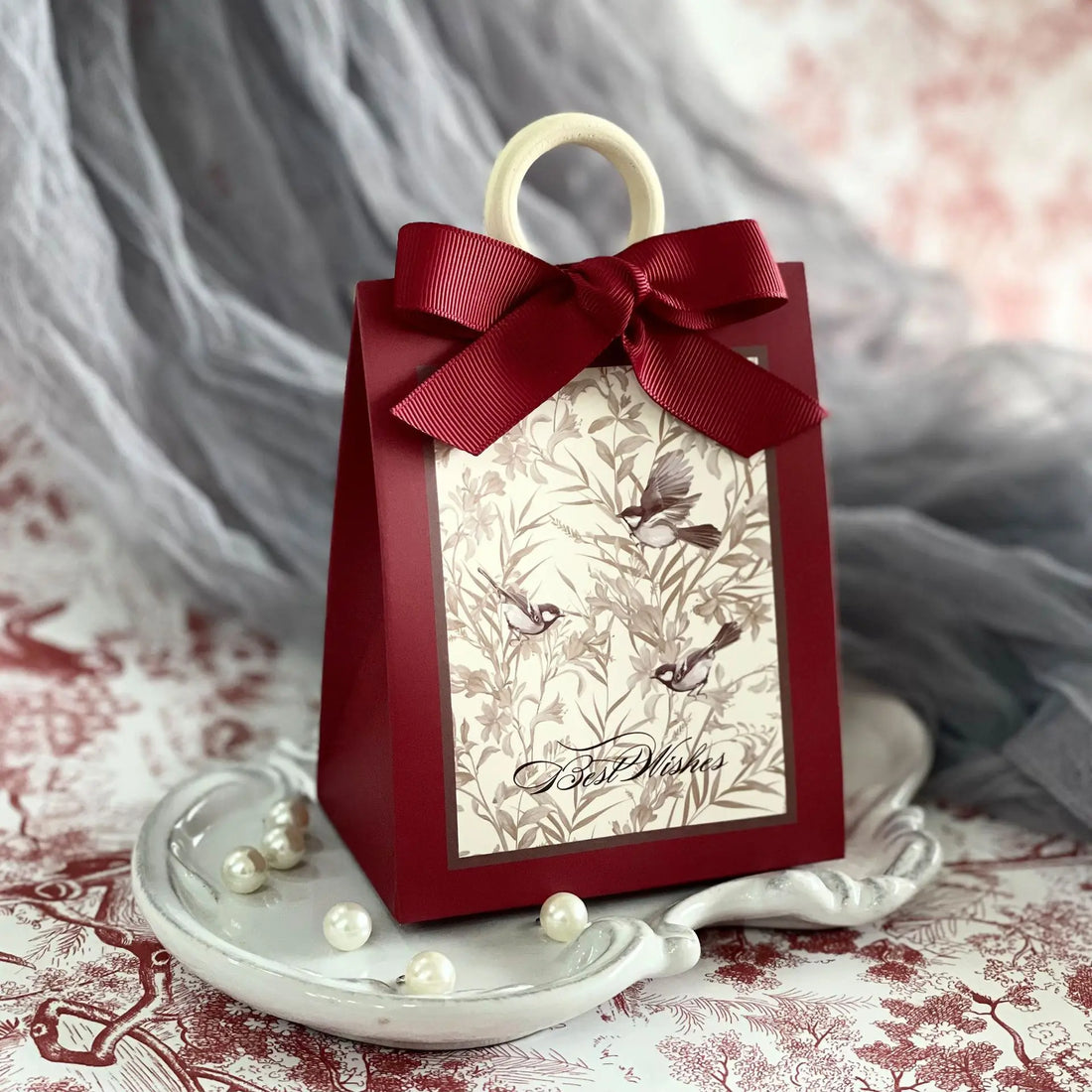 Boîte à Dragées Mariage Bordeaux à Nœud Unique