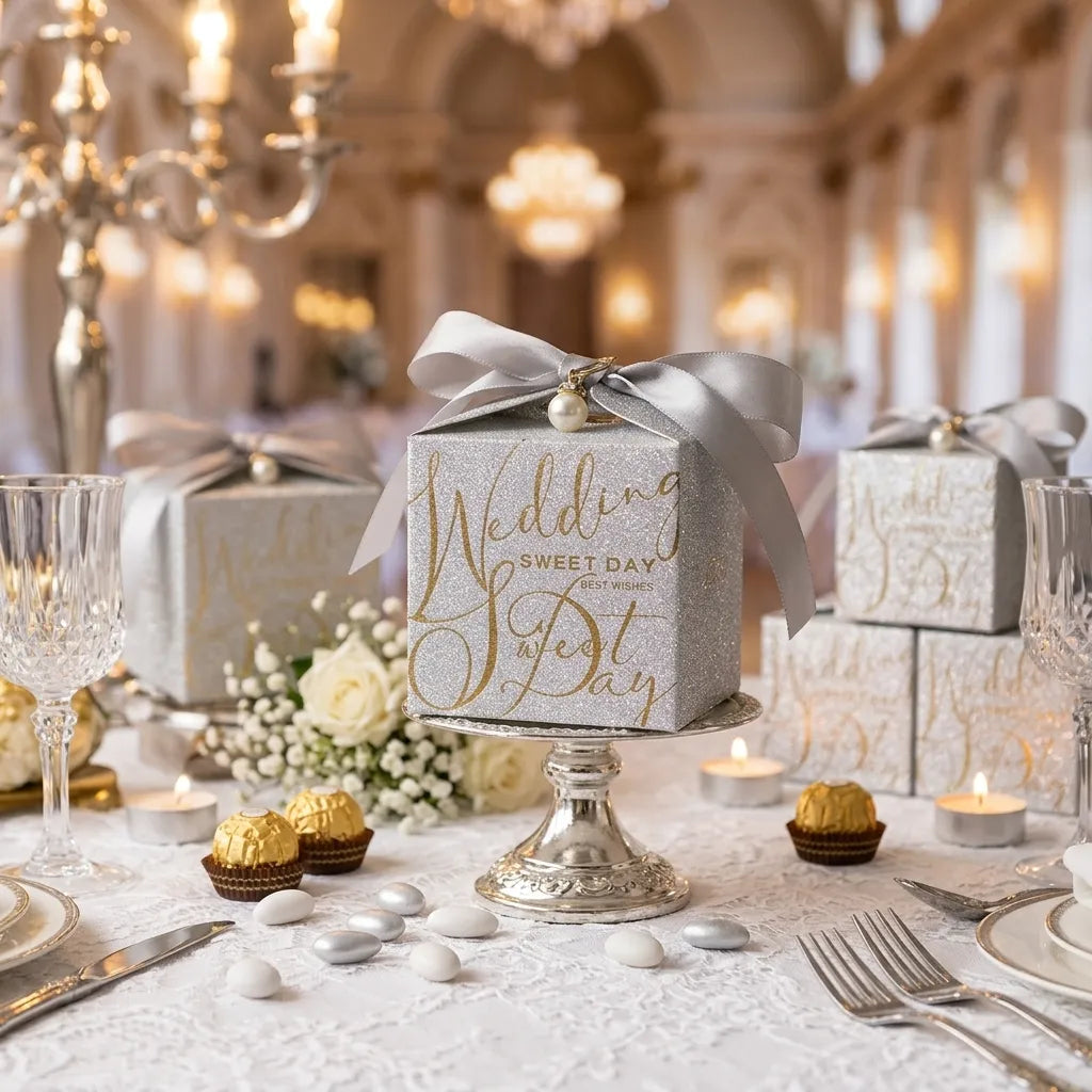 Boîte à Dragées Mariage Chic Argentée élégant