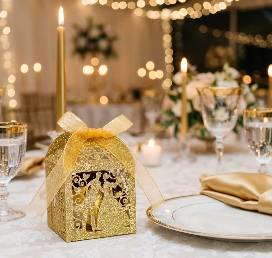 Boîte à Dragées Mariage Dorée Pailletée Design