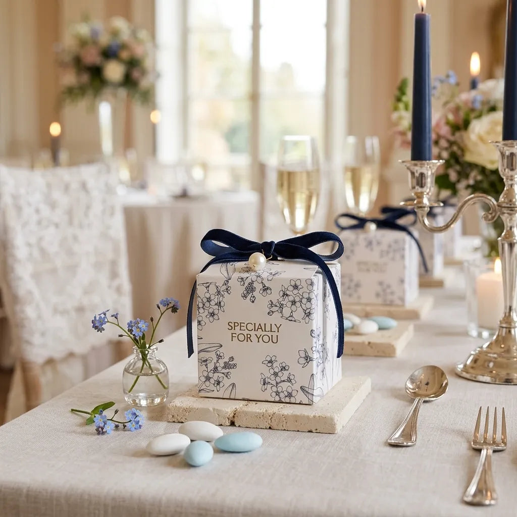 Boîte à Dragées Mariage à Fleurs Bleues Unique