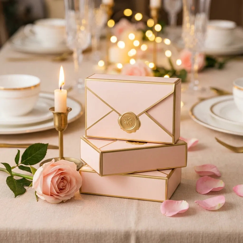 Boîte à Dragées Mariage Rose et Doré Minimaliste