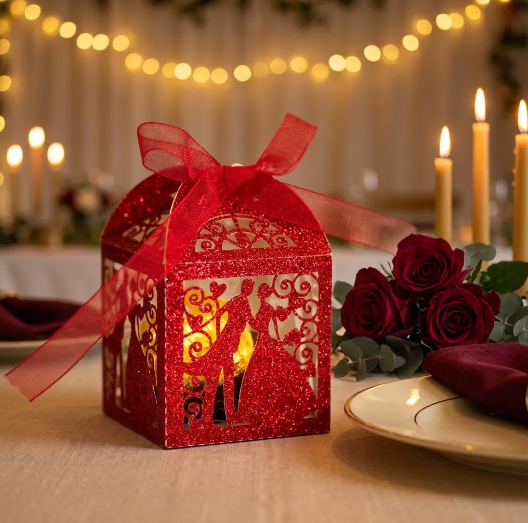 Boîte à Dragées Mariage Rouge Pailletée Design