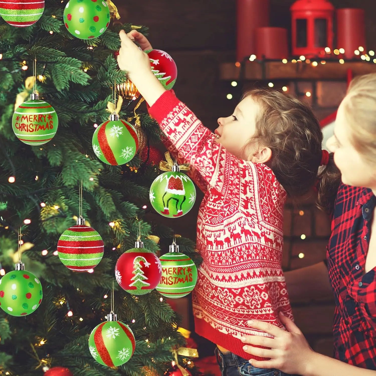 Boules de Noël Décorées Rouge et Vert Scintillantes Pratiques