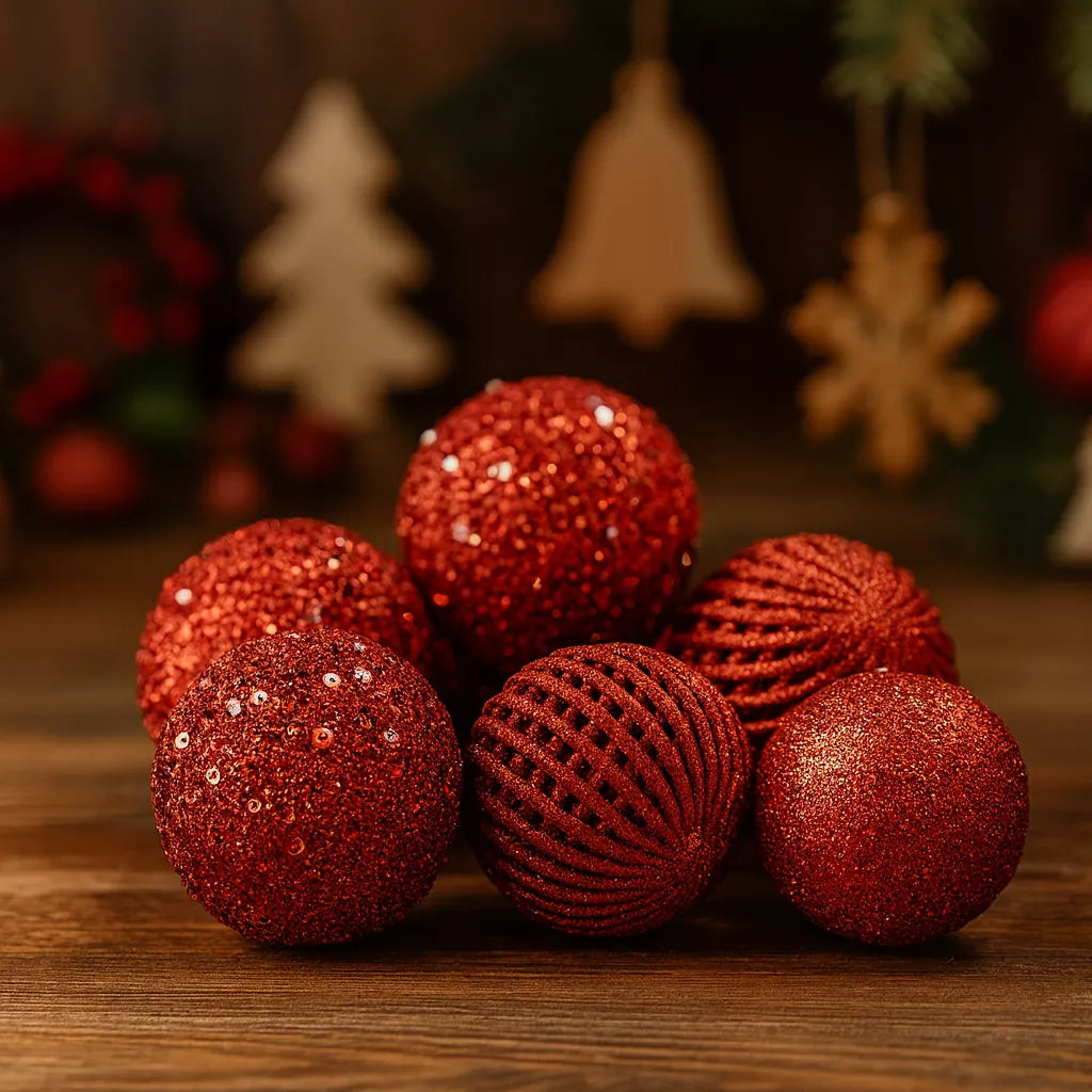 Boules de Noël Rouges Texturées à Sequin
