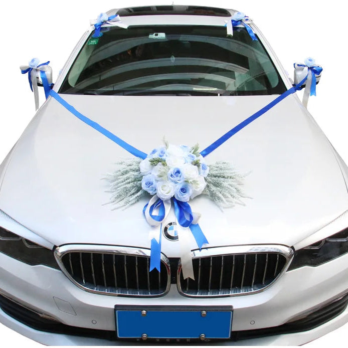Bouquet Floral Bleu à Ruban Voiture Mariage Unique