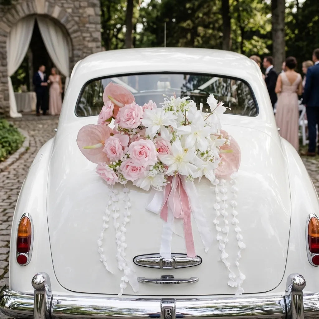Bouquet Floral Rose Arrière Voiture Mariage Somptueux