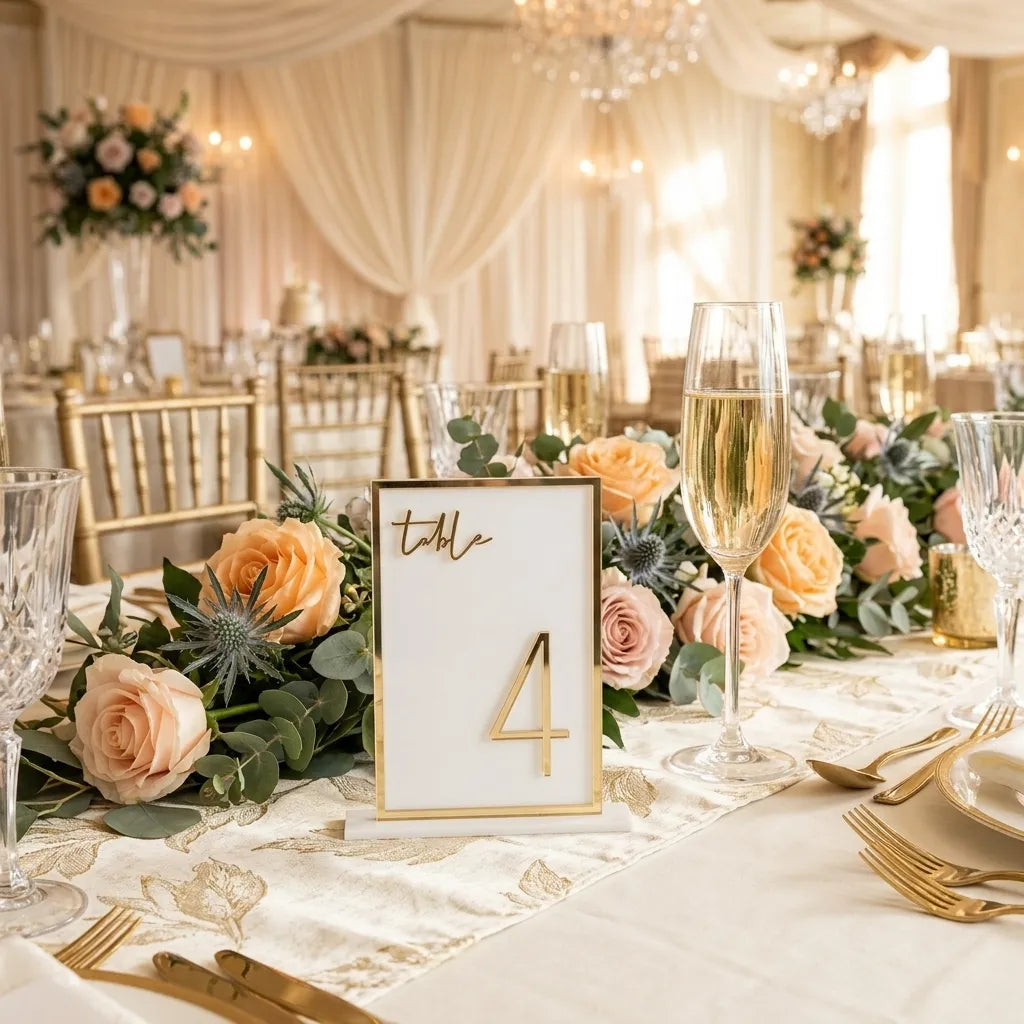 Cadre Numéro de Table Mariage Doré en Acrylique Minimaliste
