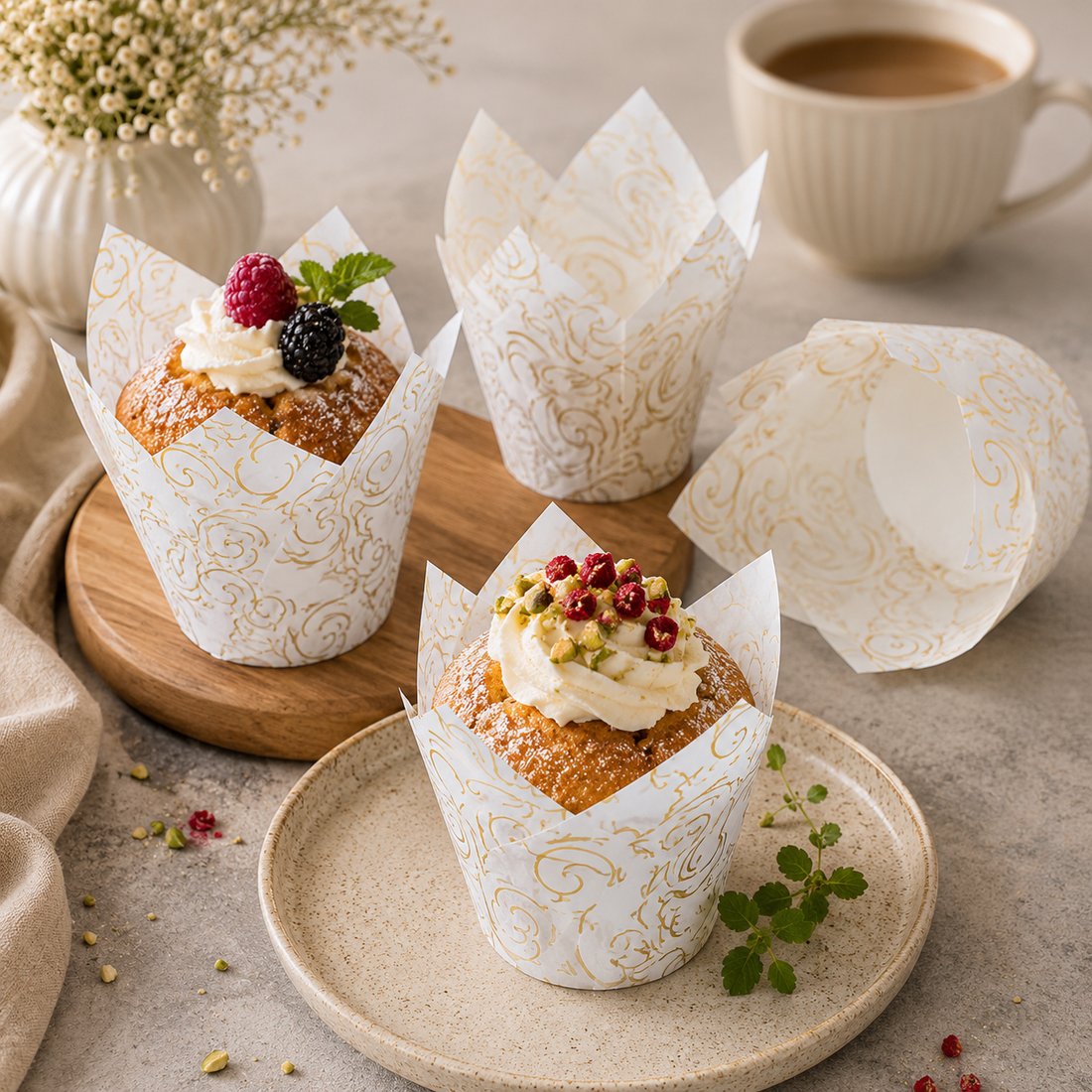 Caissette Cupcake Blanc à Motif Doré Design