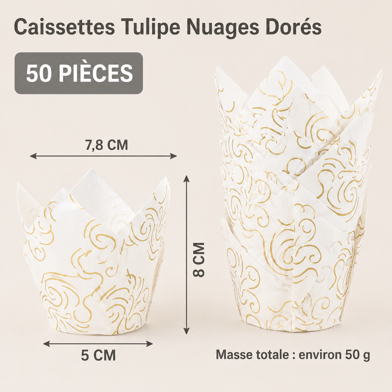 Caissette Cupcake Blanc à Motif Doré Dimensions