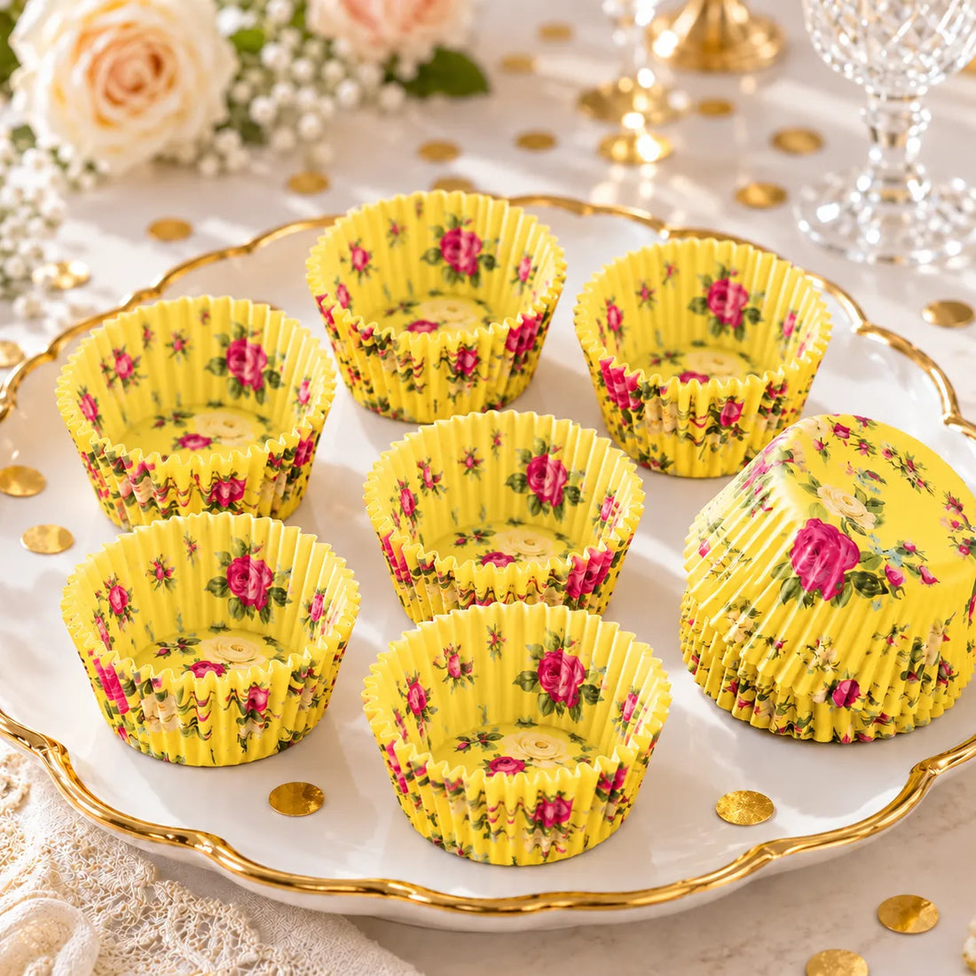 Caissette à Cupcake Jaune à Fleurs retro
