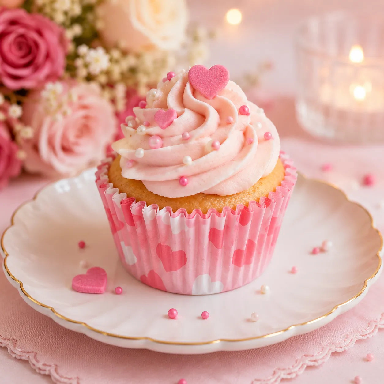 Caissette Cupcake Rose à Coeurs romantique