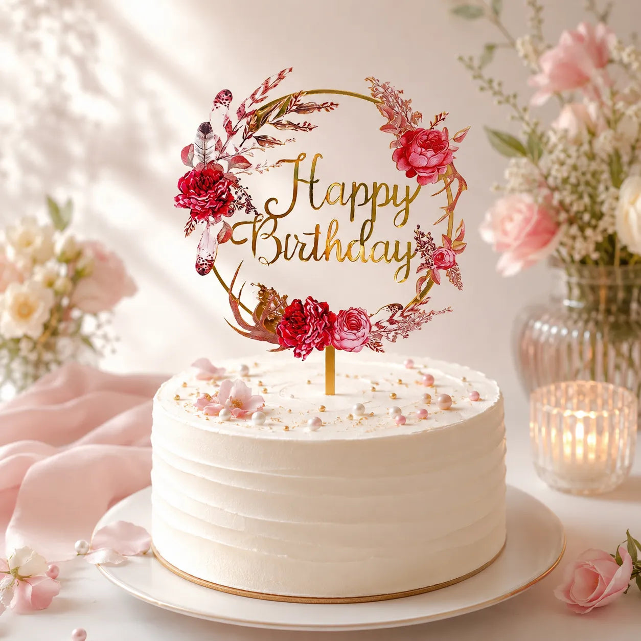Cake Topper « Happy Birthday » Fleurs Rouges