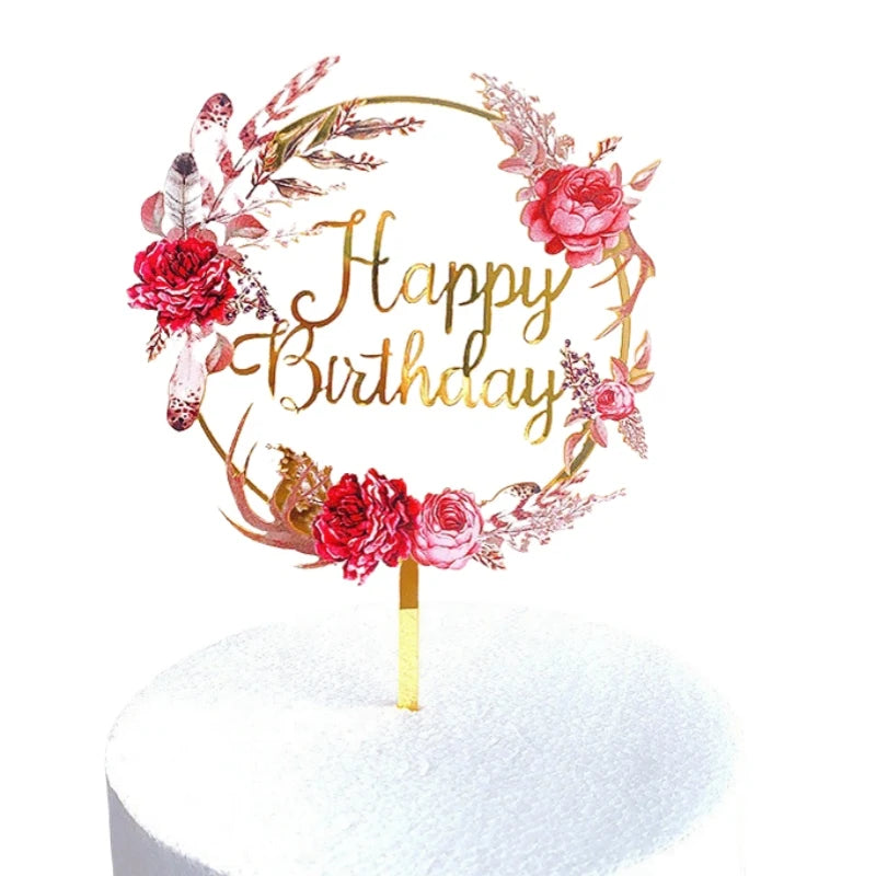 Cake Topper « Happy Birthday » Fleurs Rouges Chic