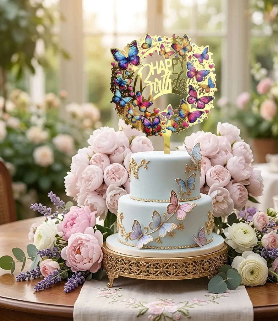 Cake Topper Happy Birthday Papillons Colorés Légère