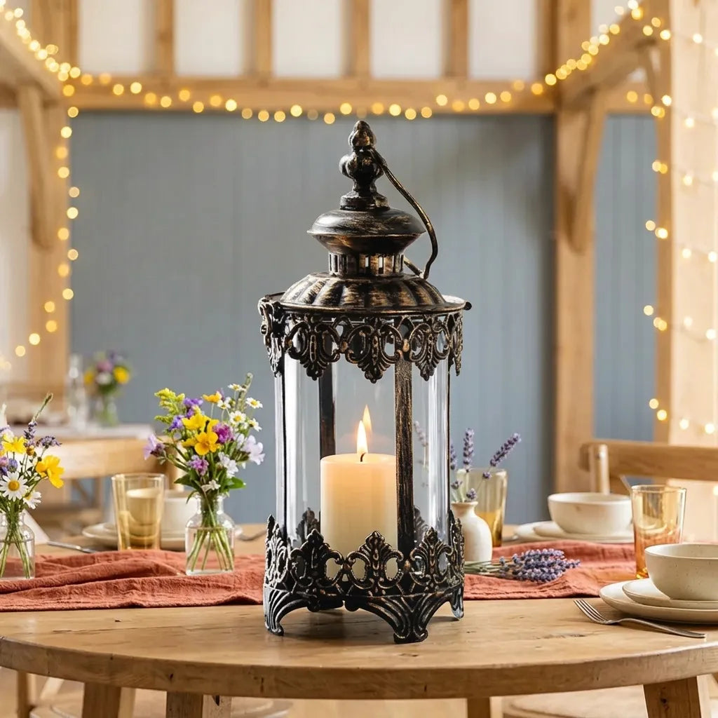 Centre de Table Lanterne Bougeoir en Fer Vintage Marron