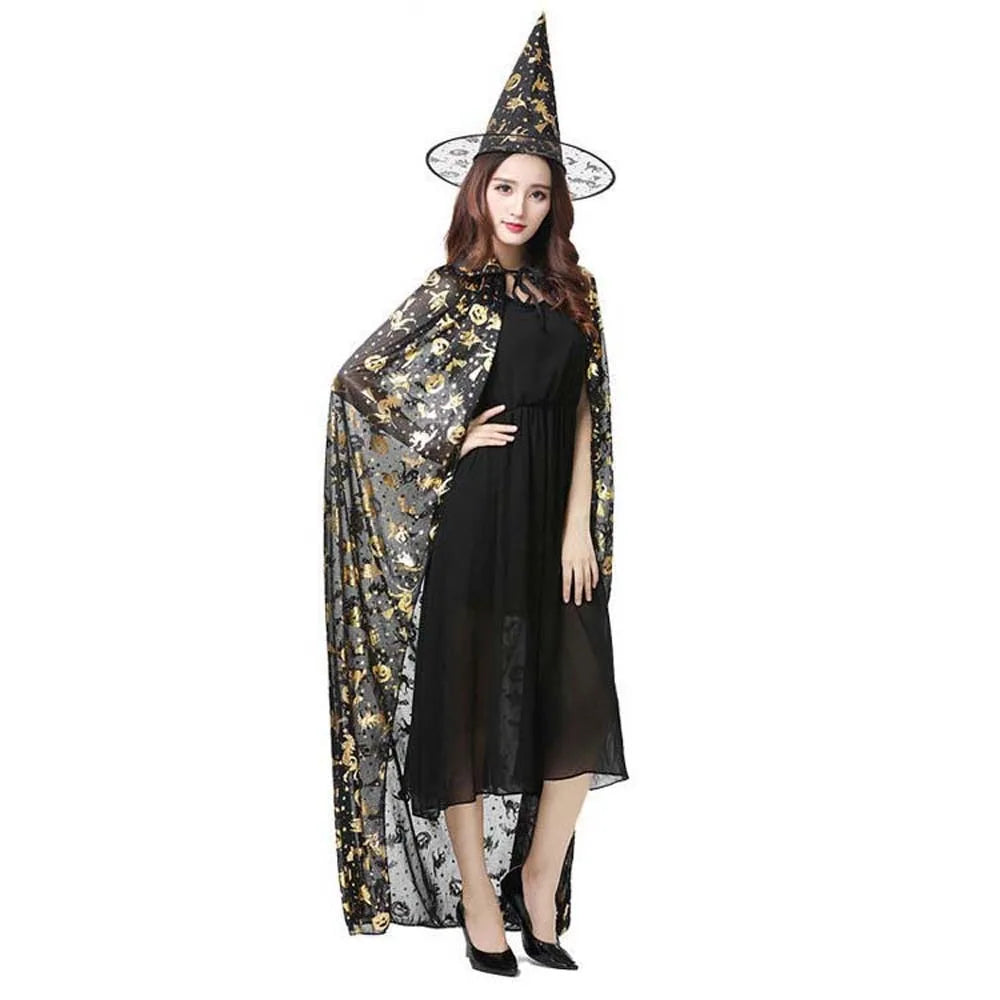 Chapeau et Cape de Sorcière Femme à Motifs Dorés