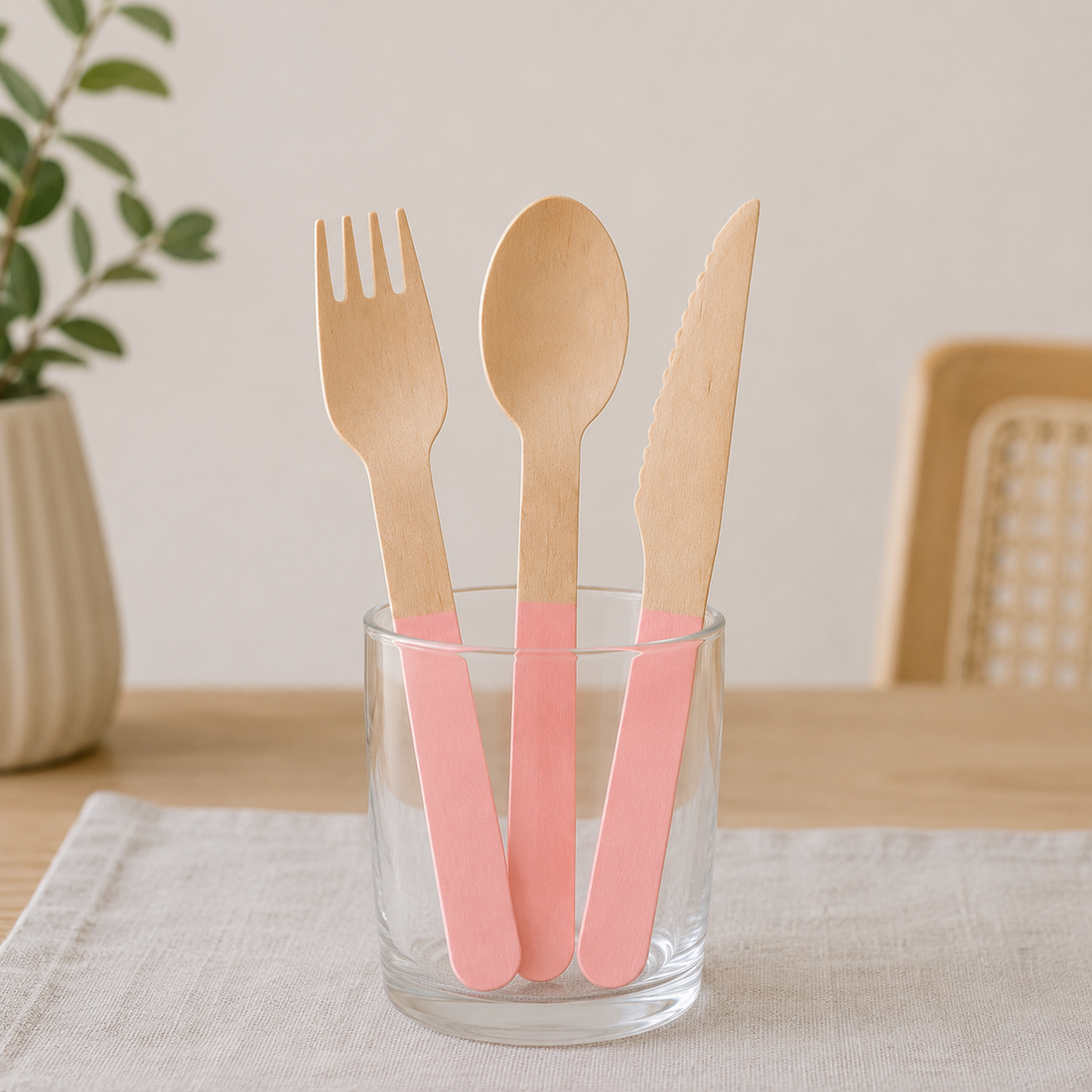 Couverts Jetables en Bois Rose Pastel