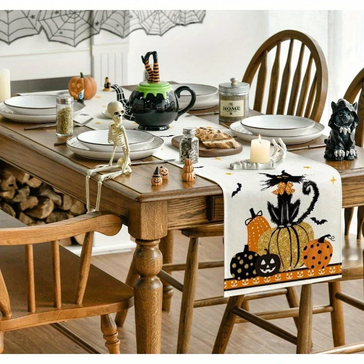 Chemin de Table Blanc Motif Chat Halloween