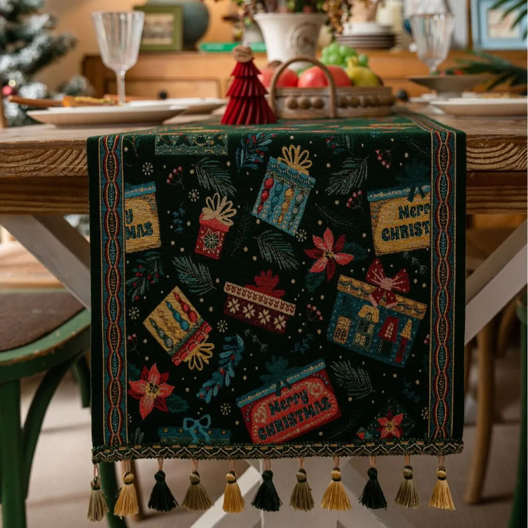 Chemin de Table Noël Vert à Pompons
