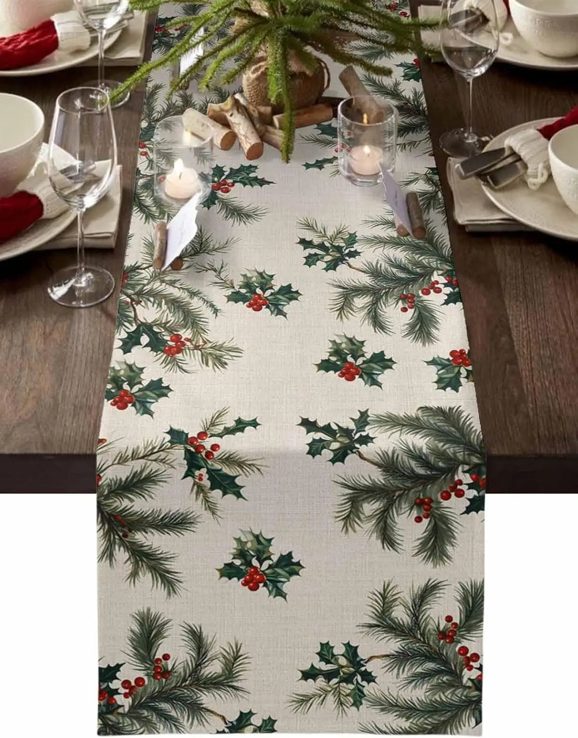 Chemin de Table Noël en Lin Baies de Houx