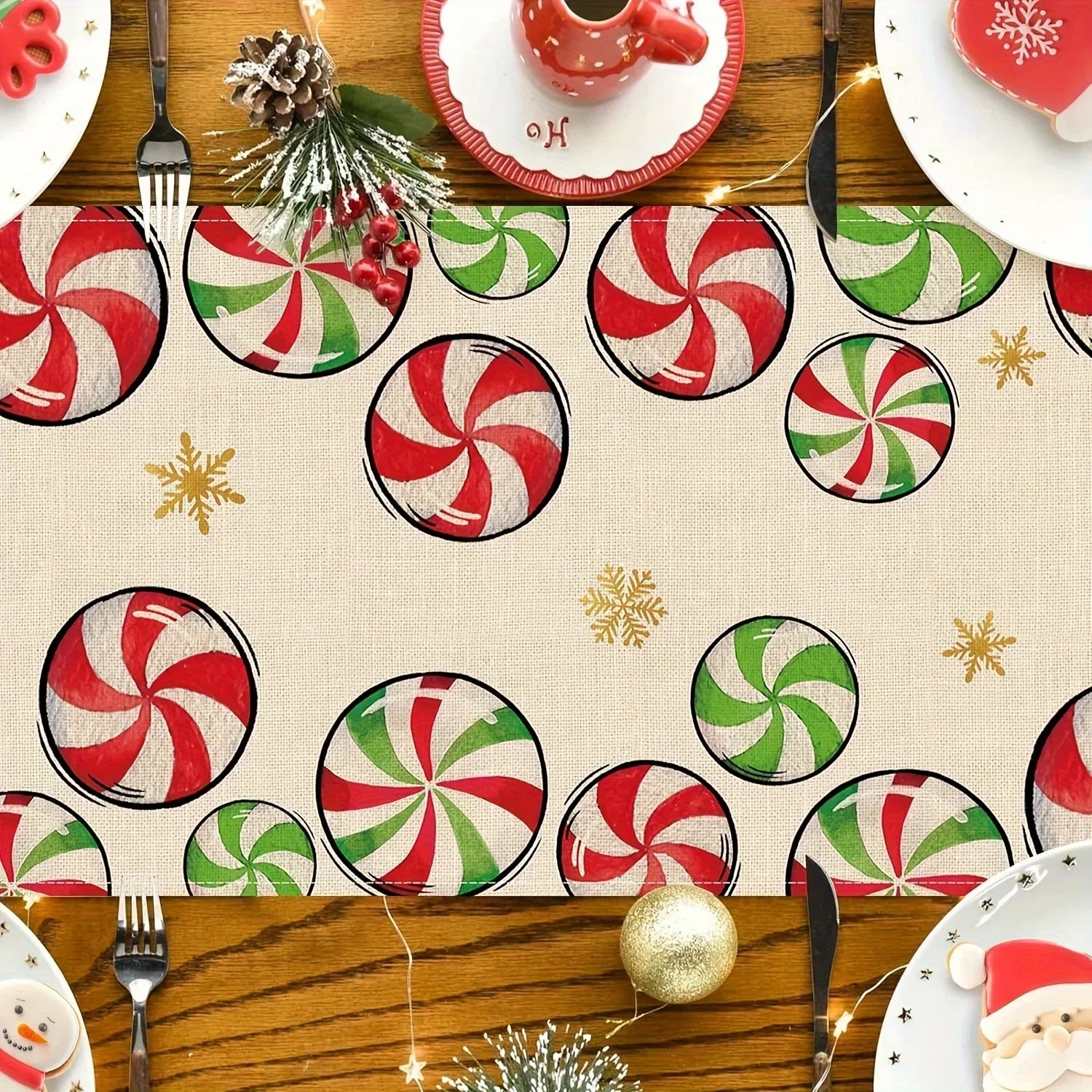 Chemin de Table Noël en Lin Bonbons Beige