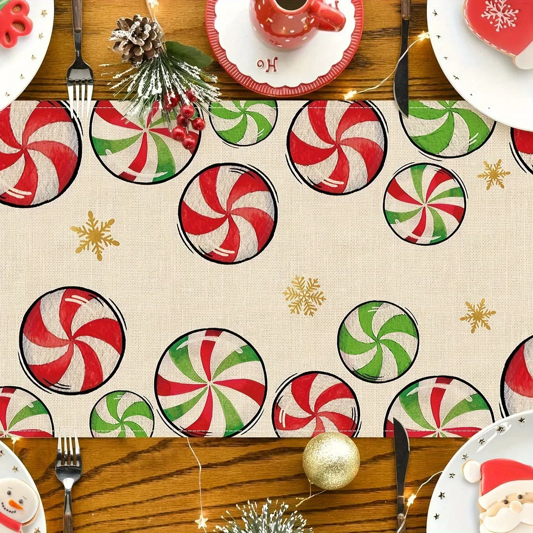 Chemin de Table Noël en Lin Bonbons Beige