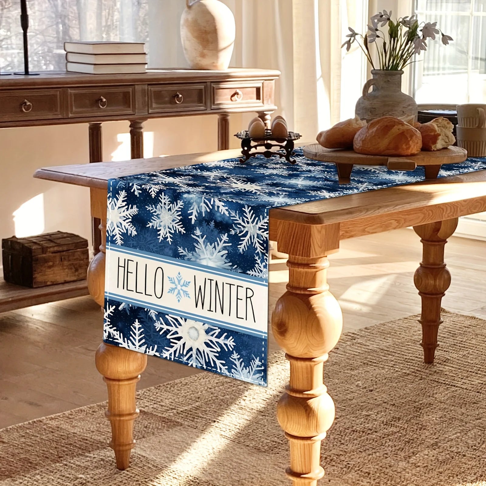 Chemin de Table en Lin Bleu Flocons Génial