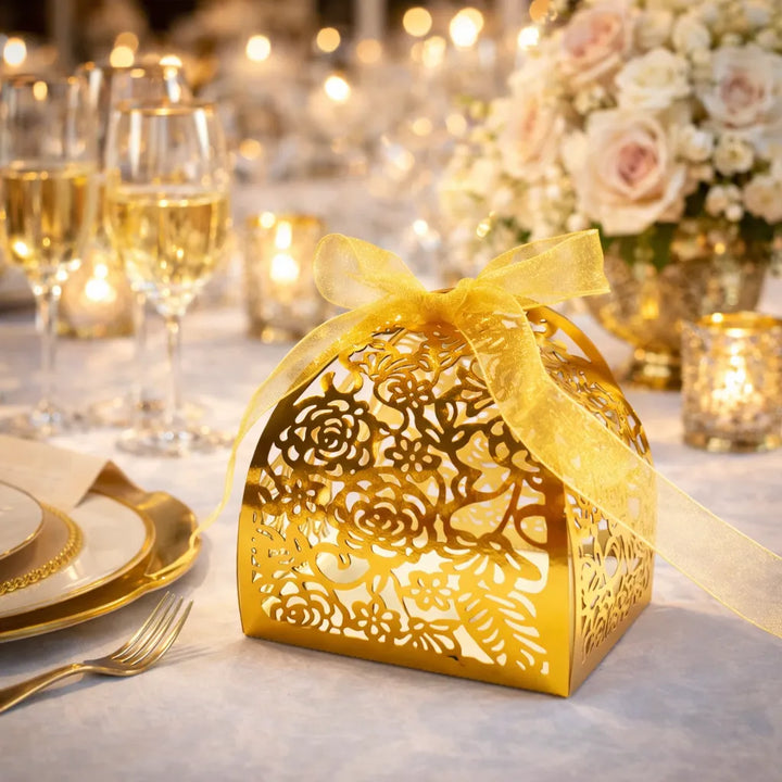 Contenant à Dragées Mariage Doré Fleurie