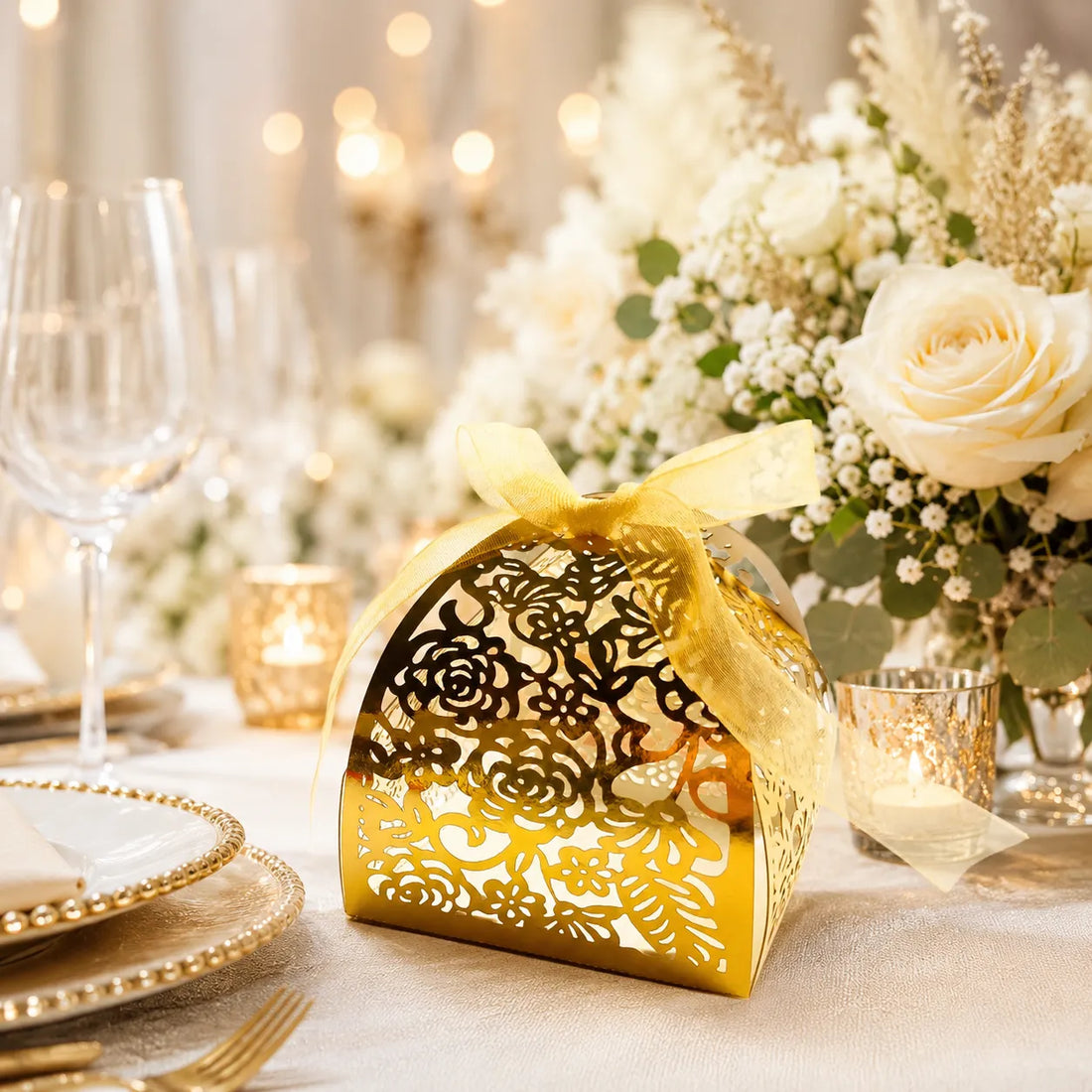 Contenant à Dragées Mariage Doré Fleurie luxe