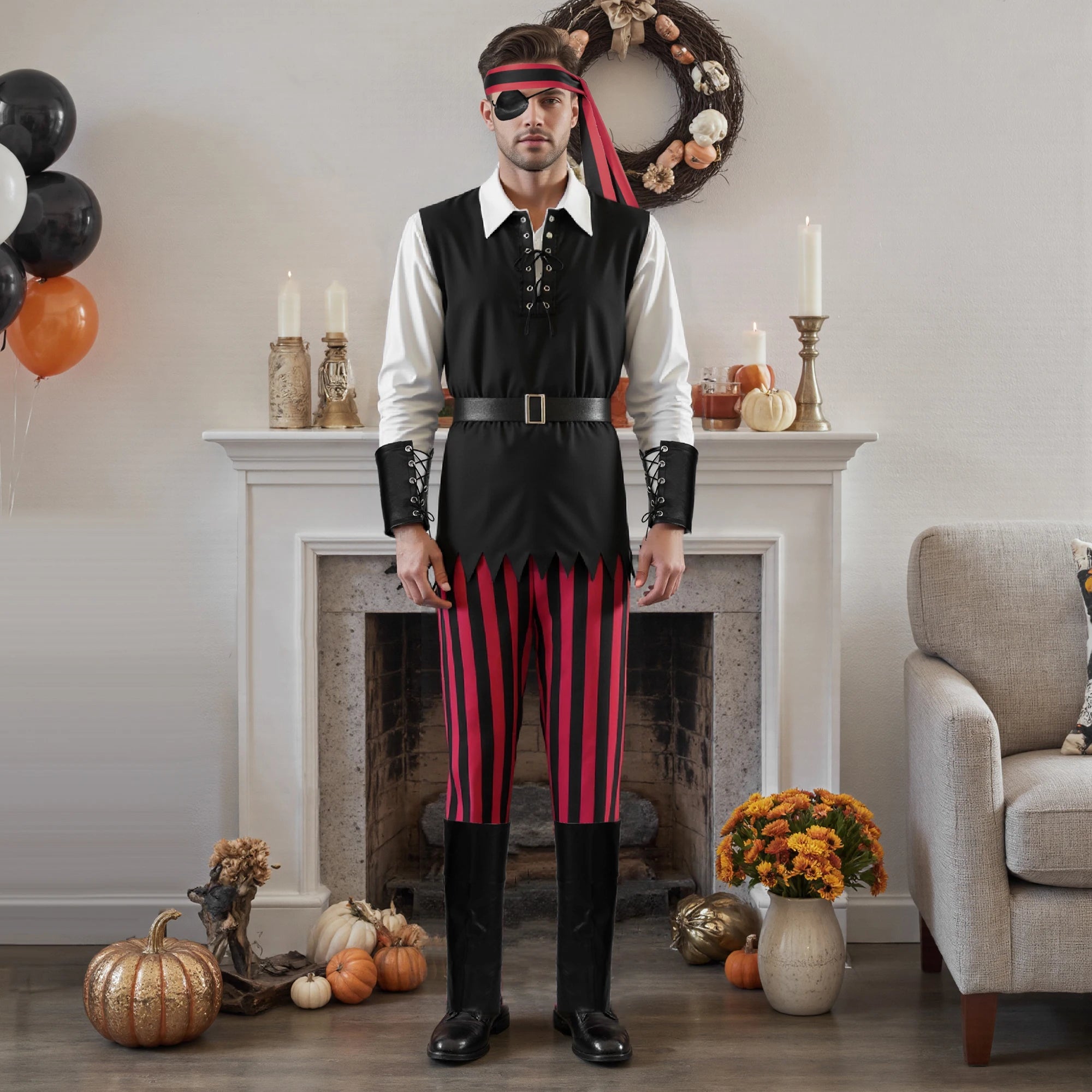 Costume Pirate Rouge et Noir Homme Extensible 