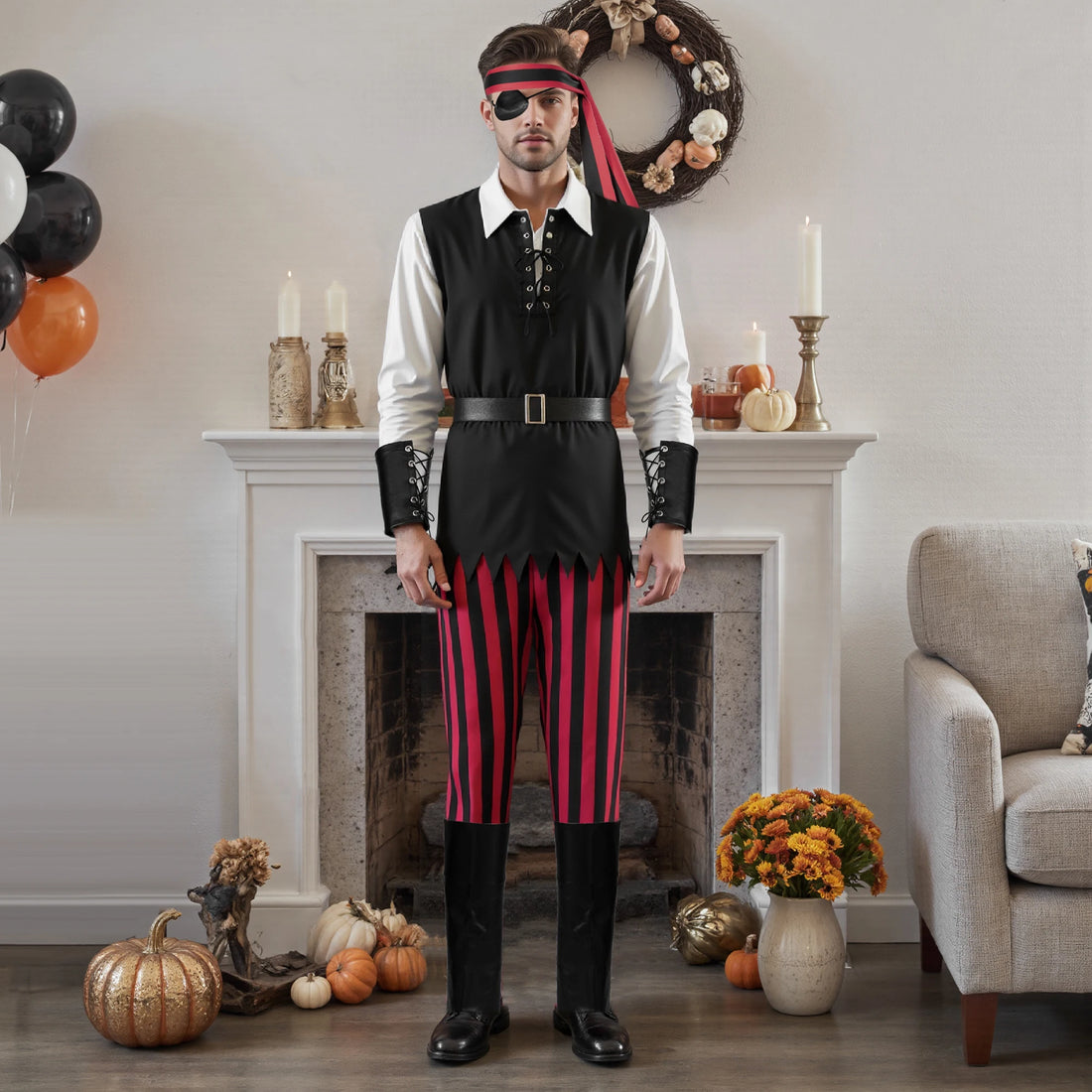 Costume Pirate Rouge et Noir Homme Extensible 