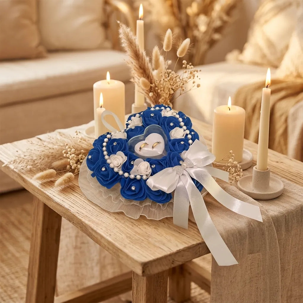 Coussin Alliances Cœur à Roses Bleues élégant
