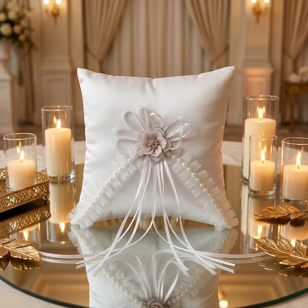 Coussin Anneaux Mariage Blanc Romantique élégant